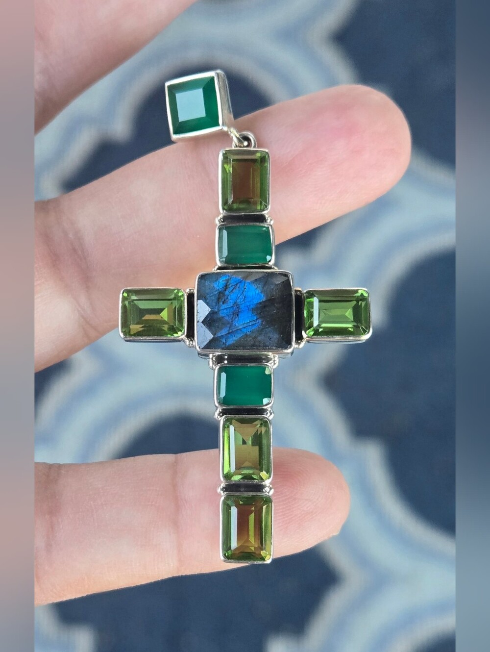 Nicky Butler 925 Sterling Silver Cross PENDANT NB Green Chalcedony Labradorite💚